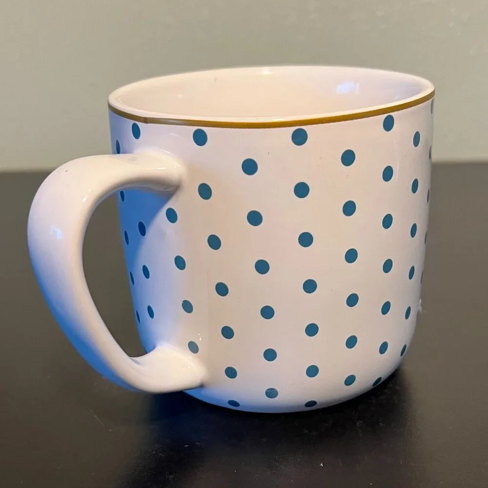 Letter J Monogram Initial Stoneware Mug ~ Teal Polka Dots & Metallic Gold Accent
